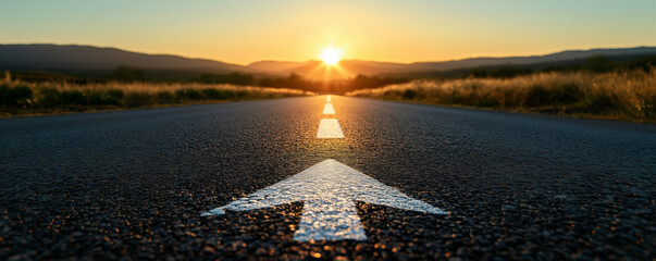 A close-up perspective of a road with a clear white directional arrow, leading into a sunset over distant mountains, symbolizing progress, direction, and a journey toward the future