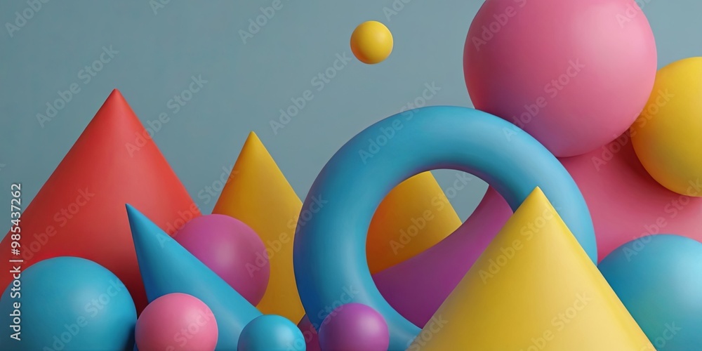 Poster A colorful array of balls and shapes, including a large circle and a triangle
