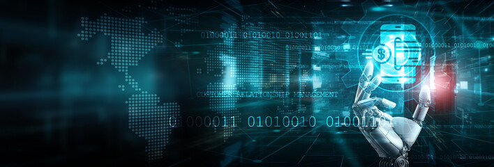 Robot hand holding a digital payments icon in a digital landscape, and global network, symbolizing the future of finance, cashless transactions, seamless commerce through technological advancements.