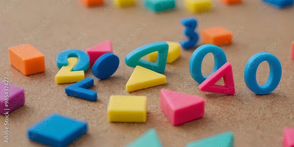 Poster A pile of colorful blocks with numbers and shapes on a table