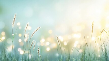 A serene landscape featuring tall grass lit by soft sunlight, creating a tranquil and dreamy atmosphere.