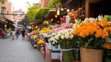 Fototapeta premium A vibrant flower market bustling with colorful blooms, showcasing roses, tulips, and other flowers amid a lively atmosphere.