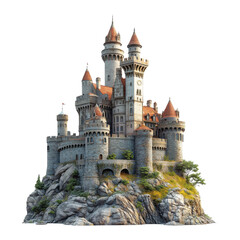 A majestic medieval castle perched atop a rocky cliff, showcasing intricate turrets and stunning architectural detail.