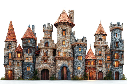 A majestic medieval castle with multiple towers and detailed stonework, set on a white isolated background.