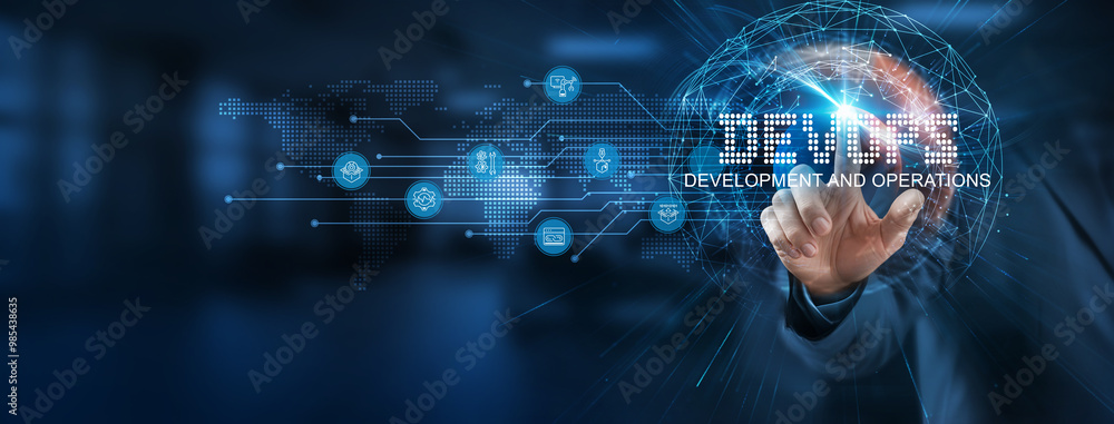 Poster a smart solution to development and operations is devops. businessman points at a virtual network co
