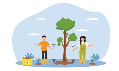People planting trees and save earth. Characters care of plants to reduce Air Pollution, Reforestation and Planting Trees and watering Concept. Planting Plants Seedlings concept.