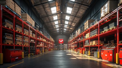 Fototapeta premium Large Modern Warehouse Interior with Red Shelving and Forklifts