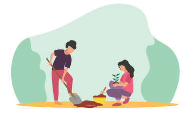 People planting trees and save earth. Characters care of plants to reduce Air Pollution, Reforestation and Planting Trees and watering Concept. Planting Plants Seedlings concept.