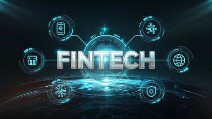 "Fintech" concept with digital icons, financial technology concept.Business, Technology, Internet, and network concept