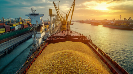 Dry cargo ship at the harbor loading corn for global grain commerce and distribution .