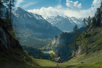 Fototapeta premium Panoramic shot of Bavarian Alps landscape with green forest, blue lake, distant mountain peaks. Summer scenery with rich green grass, trees. German countryside with rural charm. Majestic mountain