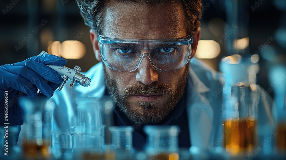Poster closeup of a scientist working in a lab with beaker flask and glassware
