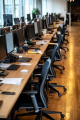 A once-busy office now silent and empty, computers off, showing the impact of business failure on employees and the workplace