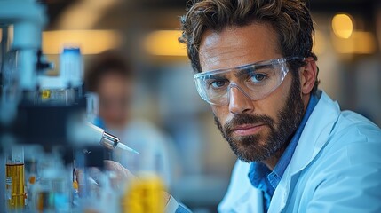 Serious Male Scientist in Lab Coat Looking at Camera