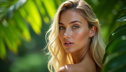 Naklejka premium A blonde woman with green eyes and a pinkish tint to her lips