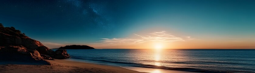 Obraz premium A beautiful beach scene with a large body of water and a rocky shoreline