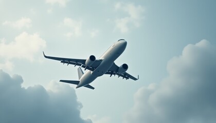 Obraz premium A white airplane is flying through a cloudy sky