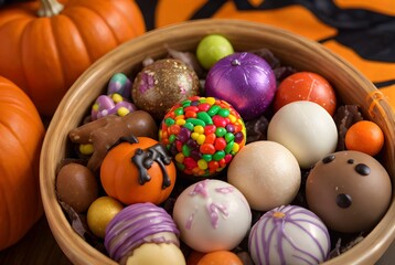 カラフルなハロウィンドーナッツ、チョコのお菓子、パーティ