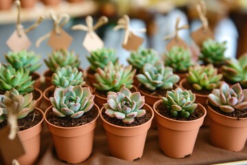 Small succulent potted plant wedding favor with green leaves. Beautiful ornamental decoration for celebration, festive atmosphere. Romantic gift for newlyweds, love, marriage present. Fresh plant in