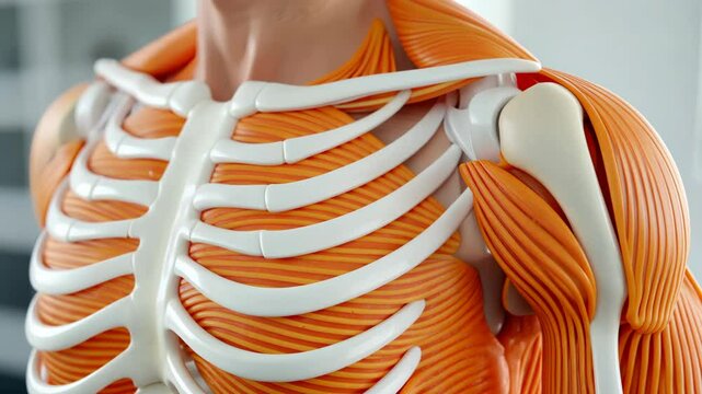 Detailed 3D rendering of human chest and arm anatomy with copy space. Perfect for medical presentations.