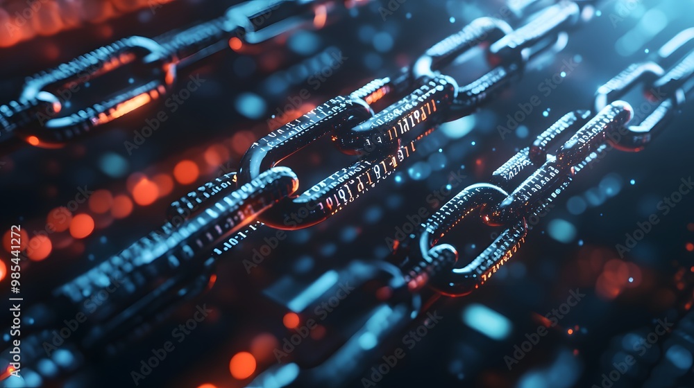 Poster metallic chain links with binary code and glowing lights