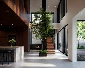 A large open space with a tree in the middle and a staircase leading up to it