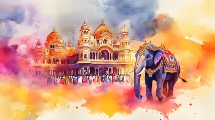 Watercolor illustration for mysore dasara with elephant and palace