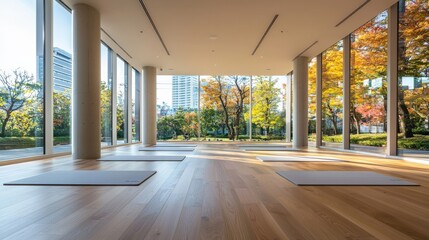 Obraz premium A peaceful yoga studio in Tokyo, with a minimalist design and floor-to-ceiling windows offering views of a serene Japanese garden