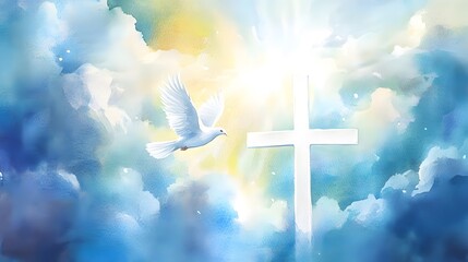 Watercolor illustration for whit monday with a white dove in flight against a a radiant white cross in clouds