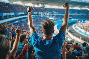 Blue stadium filled with spectators cheering for a motor racing event. A white-clad man raises his arms in celebration as others stand behind him, creating an energetic atmosphere.