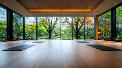A peaceful yoga studio in Tokyo, with a minimalist design and floor-to-ceiling windows offering views of a serene Japanese garden