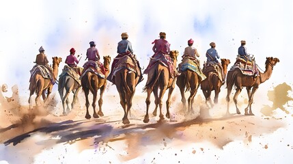 Watercolor illustration of a camel caravan with riders for jaisalmer desert celebration