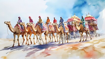 Watercolor illustration of a camel caravan with riders for jaisalmer desert celebration