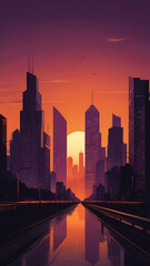 Fototapeta premium Flat illustration of a cityscape silhouette at sunset, with tall skyscrapers, a bright orange sky, and a dark purple horizon, creating a modern and sleek urban mobile wallpaper