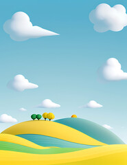 Obraz premium Minimal flat landscape featuring rolling green hills, a simple blue sky with a few white clouds, and a bright yellow sun, creating a cheerful and calming mobile wallpaper