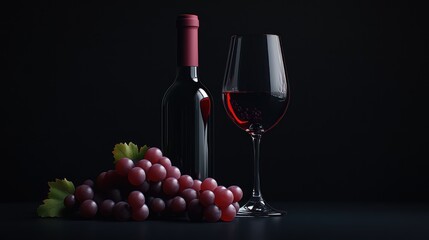 Fototapeta premium A bottle of red wine and a glass filled with grapes on a table against a black background
