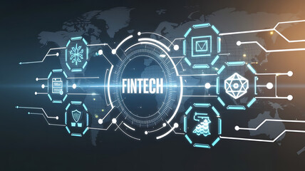 "Fintech" concept with digital icons, financial technology concept.Business, Technology, Internet, and network concept