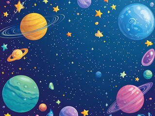 Whimsical Cosmic   Vibrant Cartoon Space Scene with Planets and Stars