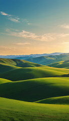 Minimal flat landscape featuring rolling green hills, a simple blue sky with a few white clouds, and a bright yellow sun, creating a cheerful and calming mobile wallpaper