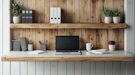 Modern Home Office Workspace with Laptop  Notebooks  and Plants