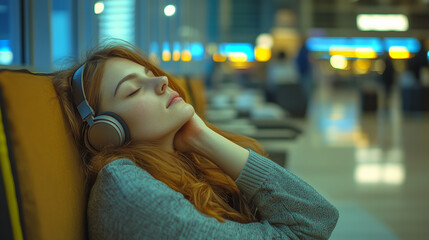 Woman, sleeping or waiting room with earphones at airport for flight delay, departure or jet lag. Young, tired female person or tourist asleep with luggage or headphones at terminal in travel station 