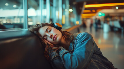 Woman, sleeping or waiting room with earphones at airport for flight delay, departure or jet lag. Young, tired female person or tourist asleep with luggage or headphones at terminal in travel station 