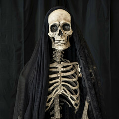 Scary dead ghost skeleton wearing black cloak
