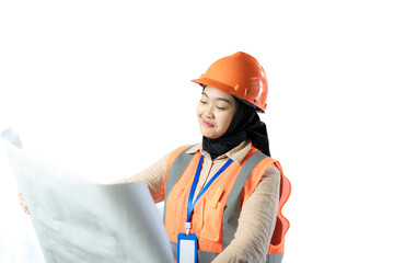 Young Asian female construction worker in hijab who looks confused when looking at the contents of a scroll of blueprints, industrial and construction concepts, isolated white background.