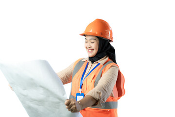 Young Asian female construction worker in hijab who looks confused when looking at the contents of a scroll of blueprints, industrial and construction concepts, isolated white background.