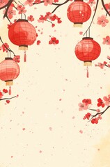 A light yellow background with red lanterns and cherry blossoms