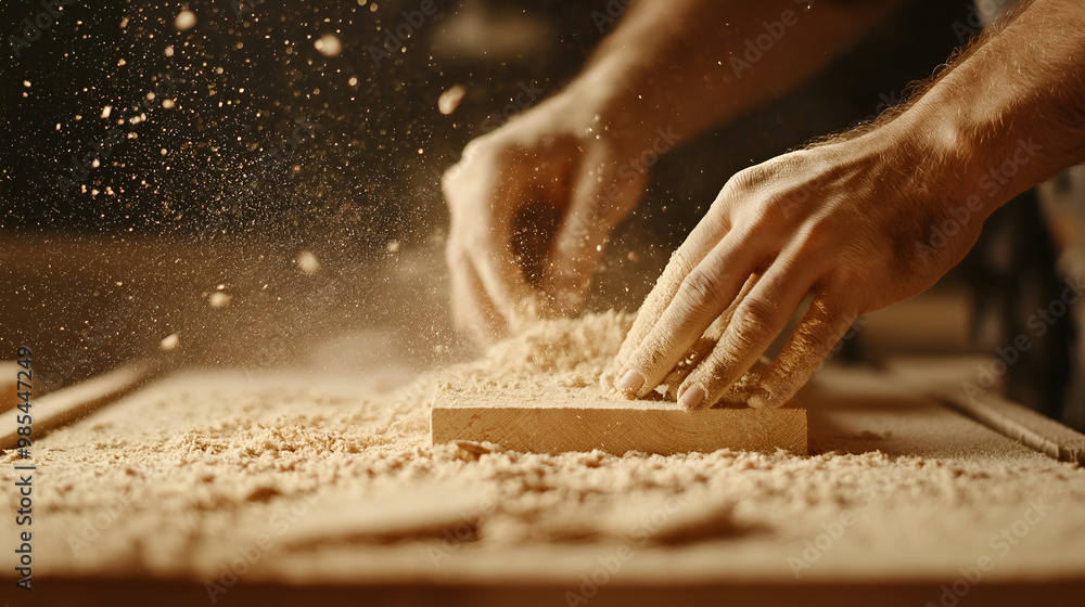 Wall mural photo of a craftsman working with wood in a workshop surrounded by sawdust and wooden materials demonstrating the process of woodworking carpentry and furniture making highlighting craftsmanship skill