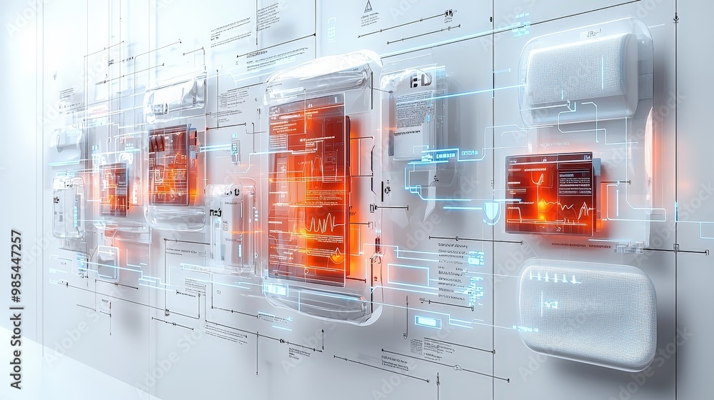 Poster futuristic interface technology concept with digital screens and circuitry