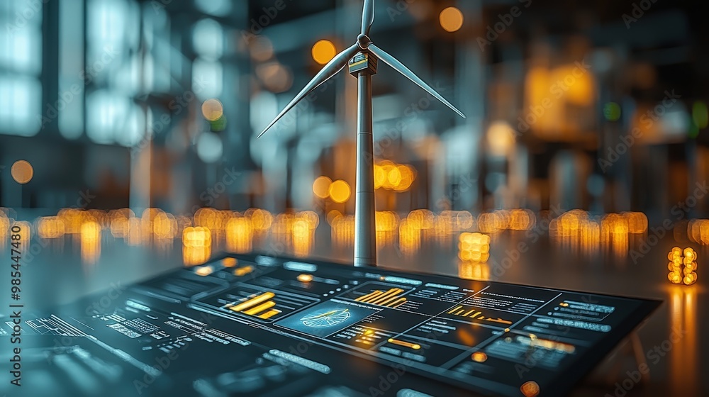 Poster wind turbine model on digital display with data charts and graphs