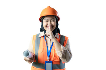 young Asian female construction worker in hijab carrying a roll of blueprints standing and posing, industrial and construction concept, isolated white background.